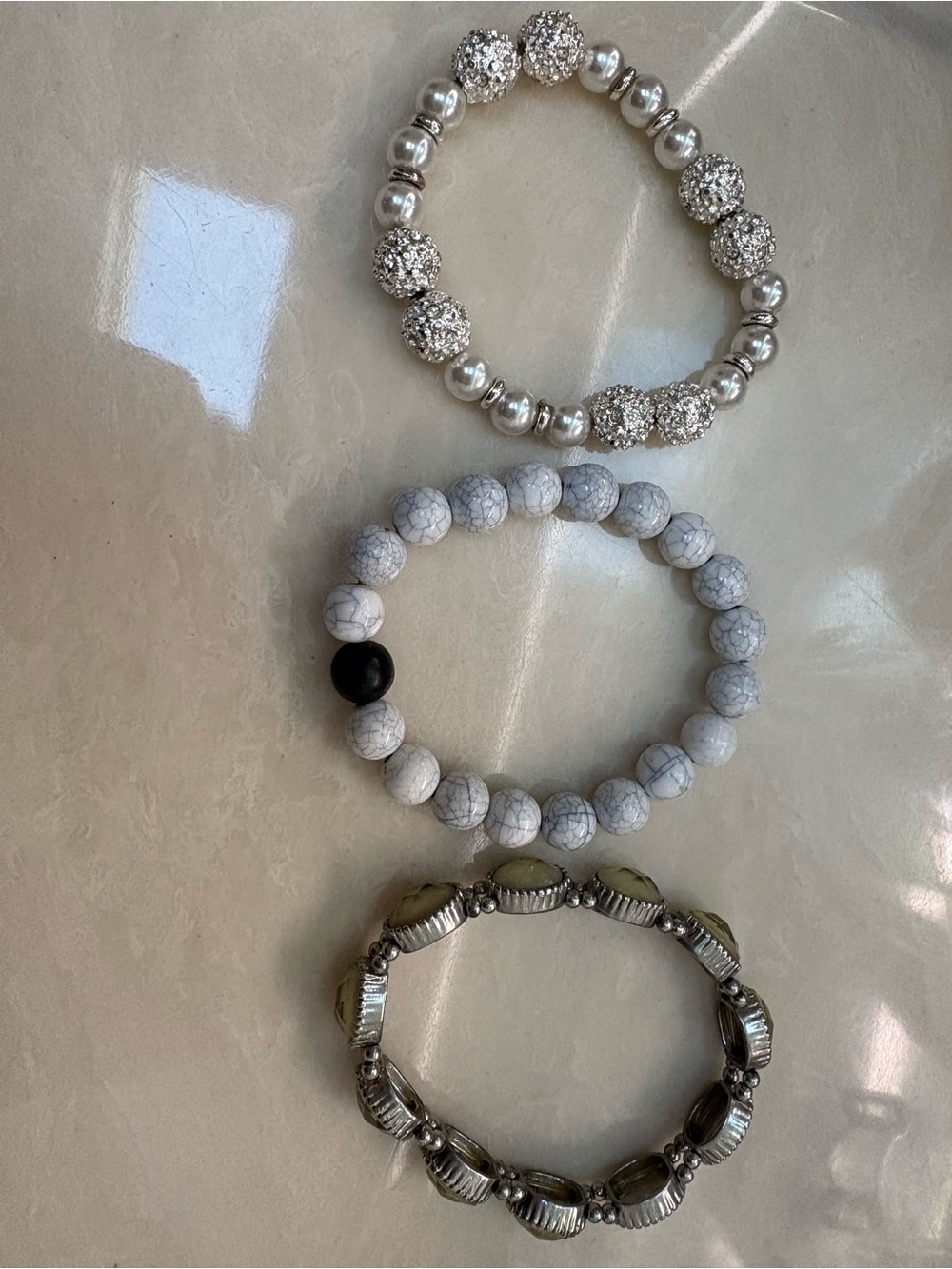 White and Silver Three-Piece Bracelet Set - Women Jewelry